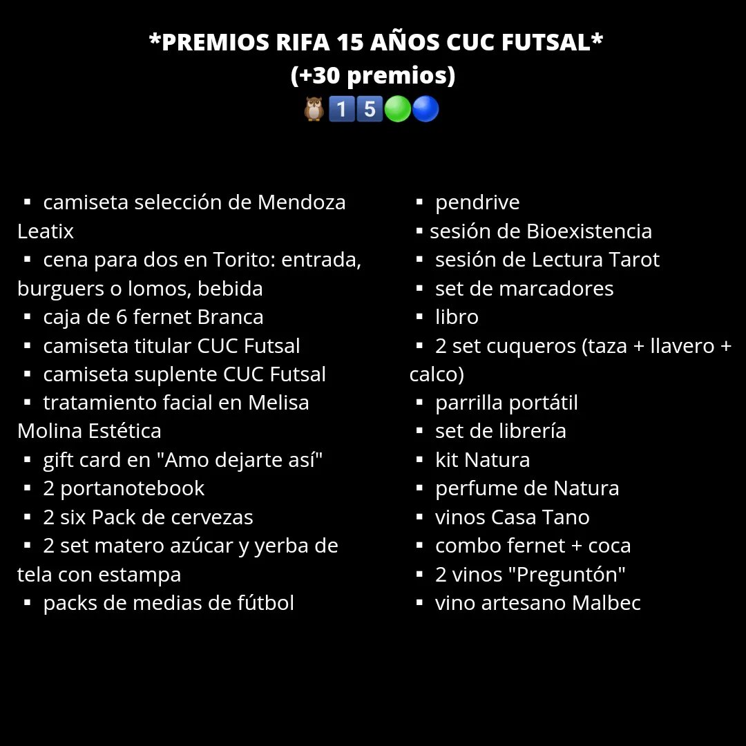 CUCFUTSAL's tweet photo. Jugadores, jugadoras, dirigentes, cordinadores y quien les habla estaremos vendiendo números a un valor de 300 Búhos 🦉 (cotizan en peso) y ustedes se pueden ganar un montón de premios!! 😱🎁 (en la imagen que sigue pueden chusmear la cantidad de premios hermosos que hay) 😍 https://t.co/TheF2nS4q4