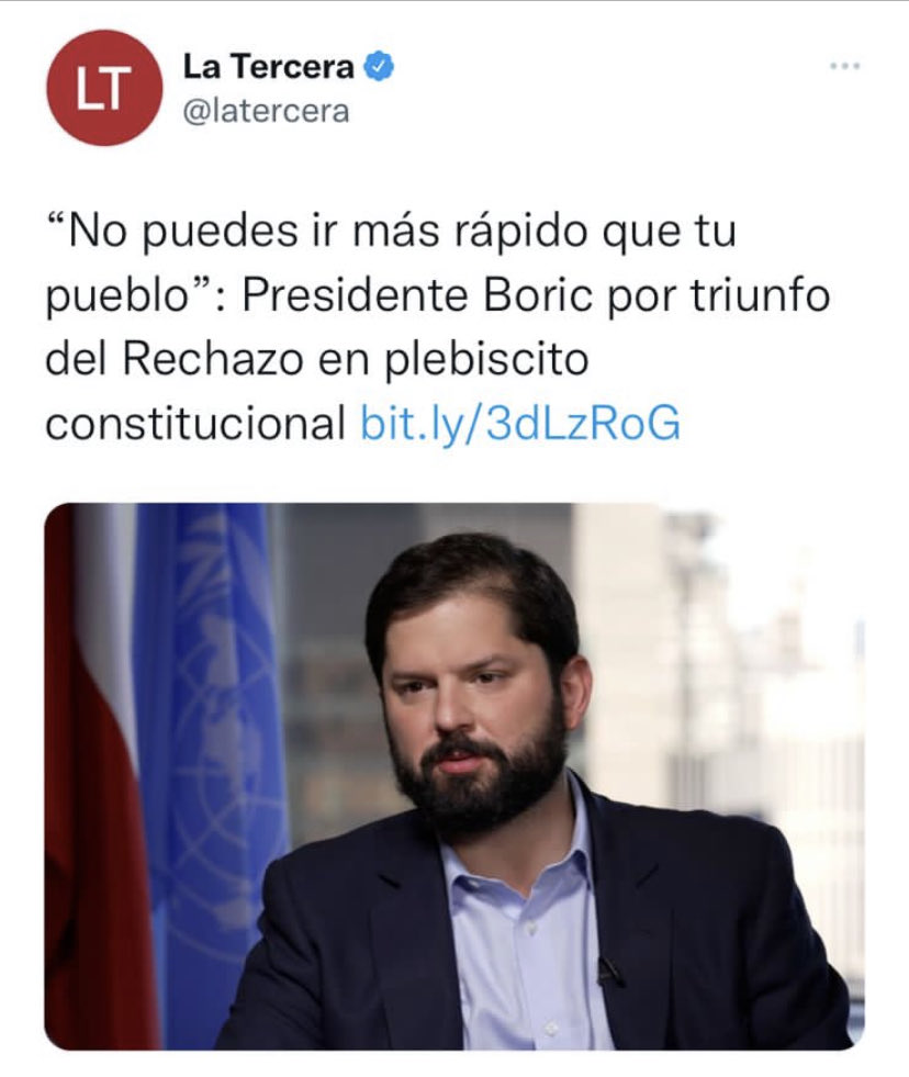 robertoampuero's tweet photo. Con respeto, Presidente ⁦@gabrielboric⁩: ¿No ha pensado que a lo mejor es su pueblo el que va adelante  y Ud atrás y muy lento? La elite política ya no debe comportarse arrogante frente a los chilenos. ⁦⁦ https://t.co/7Jb34AqeRv