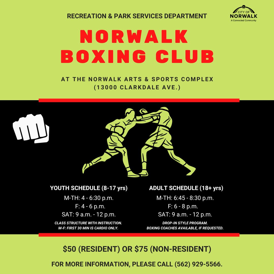 Interested in boxing? Want to get back into training? Then come join the Norwalk Boxing Club!  Train, get fit, and have fun! Membership fee for this drop-in program is quarterly (per 3 months).
For more information, please call (562) 929-5566. #norwalkca #connectedcommunity
