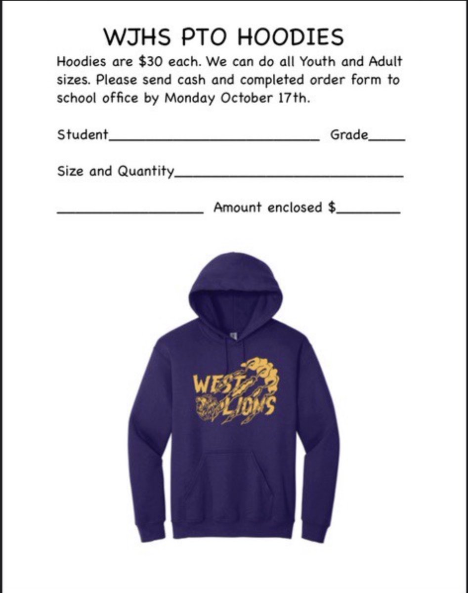 WestJrHighFCPS's tweet photo. IT'S OFFICIALLY HOODIE SEASON!! Get yours ordered!!💜🦁💛#LionsFirst #LionsHeart #LionFamily https://t.co/xd5aCwHJoT