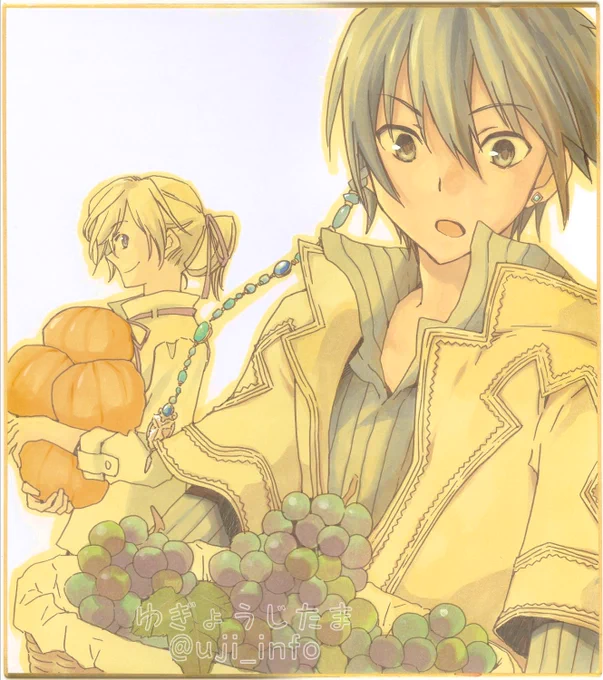 おはようございます!本日の色紙紹介ですこちらは2008ねんに書店さん用に描いたプラスシーの色紙で、秋の収穫がテーマのベルカとえこたん、ベルカとオルセリートの2まいです。他の色紙も同様ですが、色紙用紙に水性ペンで線画、コピックで色ぬり、仕上げにリキテックスと色鉛筆を使っています〜 