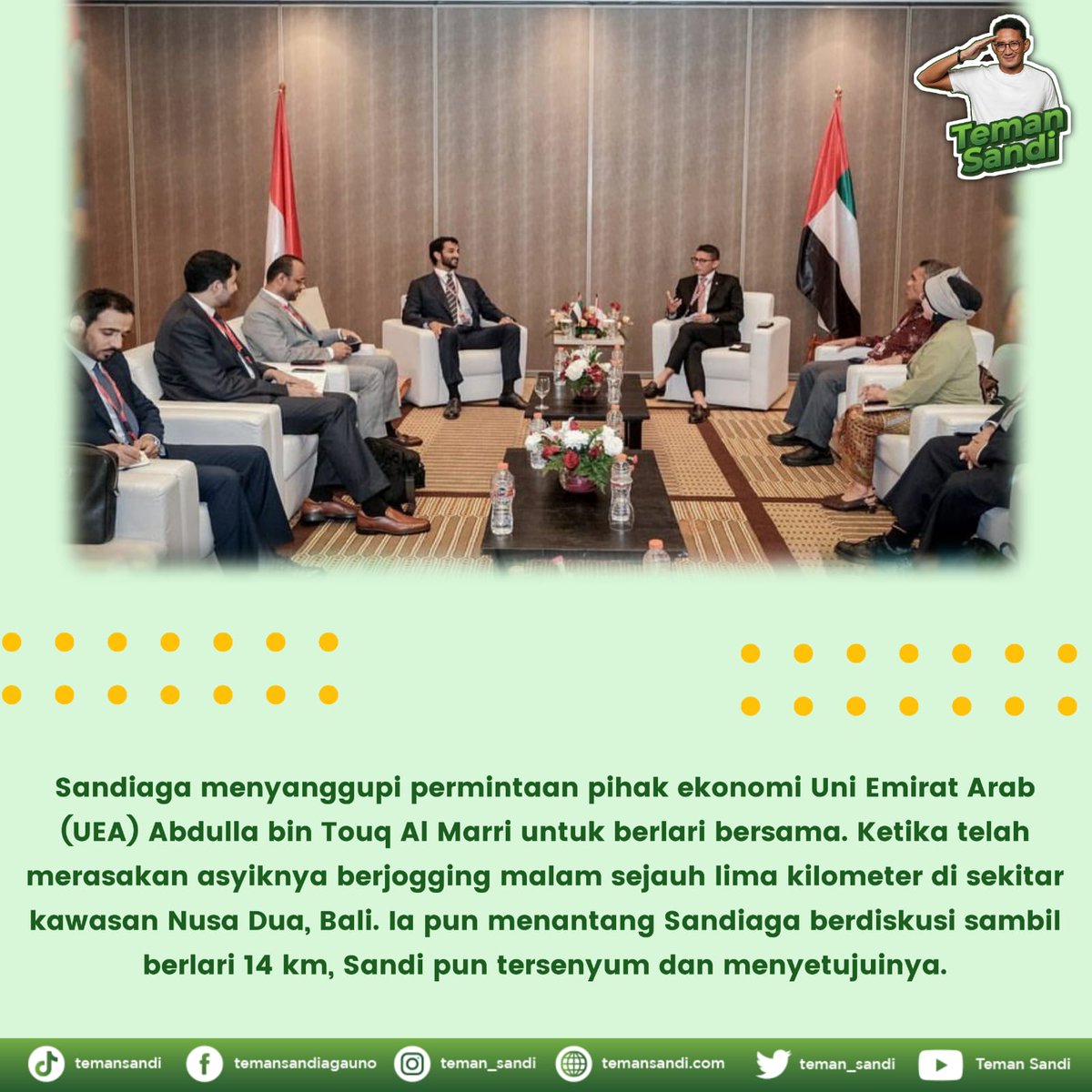 Saha_Eta18's tweet photo. Sandiaga menyanggupi permintaan pihak ekonomi Uni Emirat Arab (UEA) Abdulla bin Touq Al Marri untuk berlari bersama. Ketika telah merasakan asyiknya berjogging malam sejauh lima kilometer di sekitar kawasan Nusa Dua, Bali. 

#Temansandi #SUGA ( Jepang ) https://t.co/99qXp4GAzU
