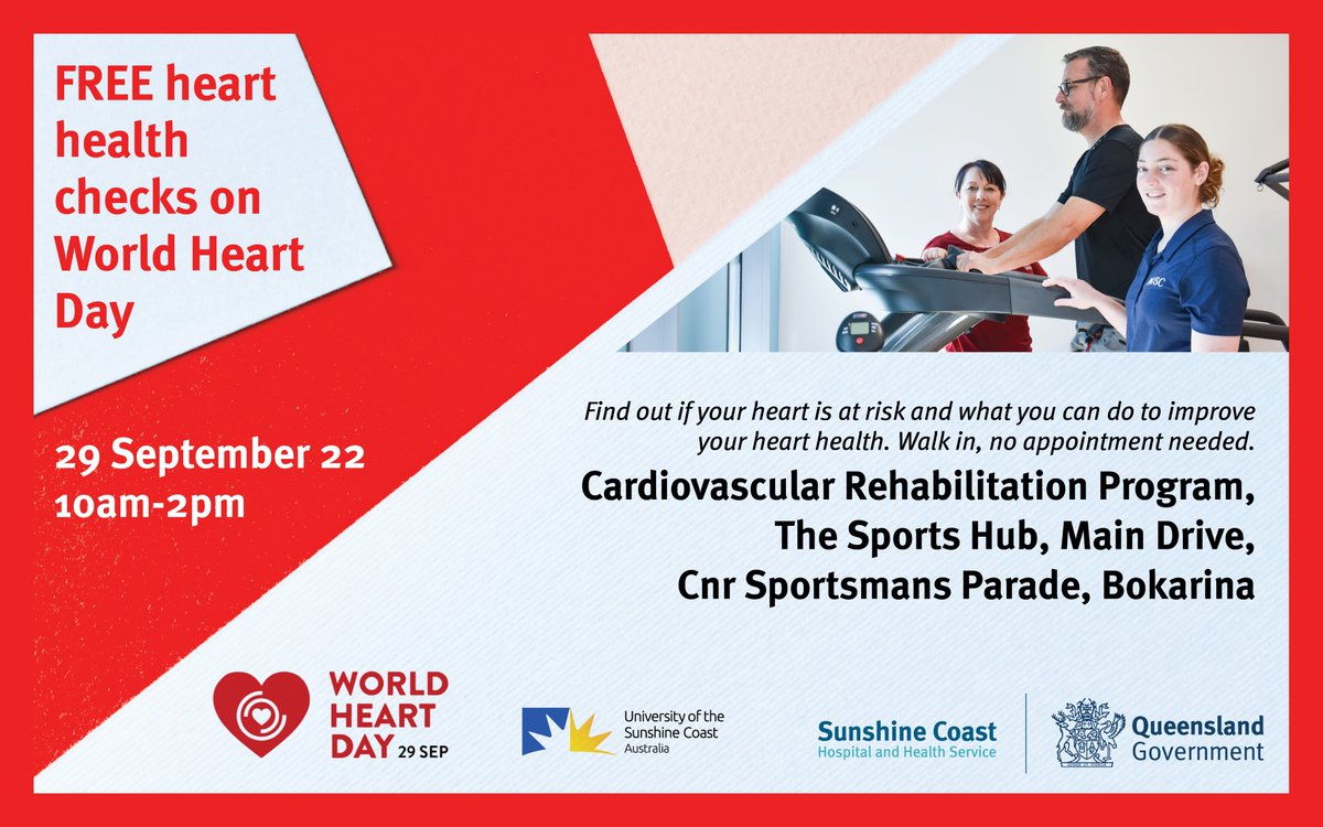 It's almost World Heart Day - and this year <a href="/chris__askew/">Chris Askew</a> and his team are partnering with @SChealthnews to offer free heart and vascular health checks on 29 September, 10am–2pm (no appt needed)
Where: Cardiovascular Rehabilitation Program, The Sports Hub, Main Drive, Bokarina