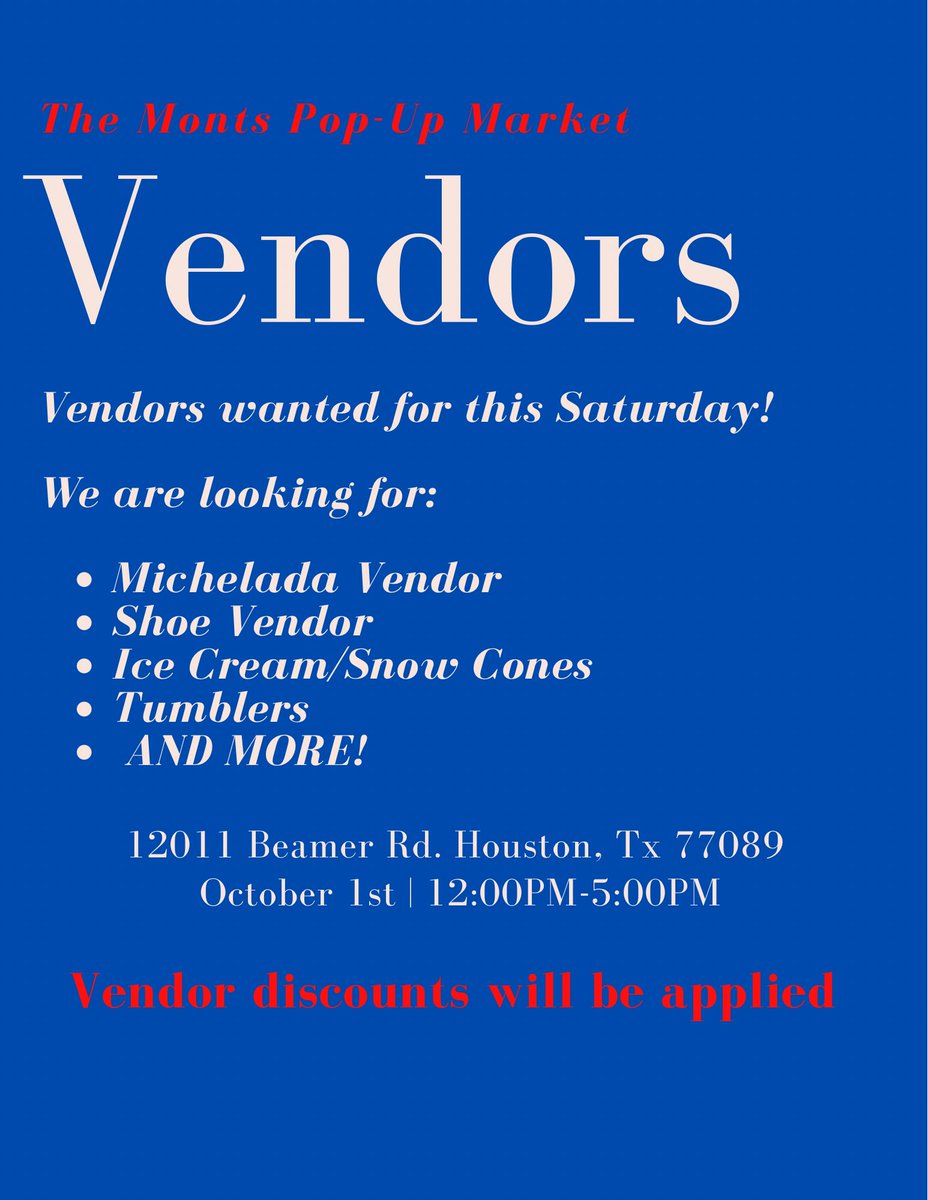 VENDORS WANTED ‼️
•
•
We are looking for vendors for this Saturday, October 1st! 🎃

- Micheladas
- Elotes
- Shoes
- Tumblers
- Ice Cream
- Snow-cones
- Dog Treats
- Wreaths
AND MORE!!!

All vendor fees will be discounted!
For more information - send us a DM!