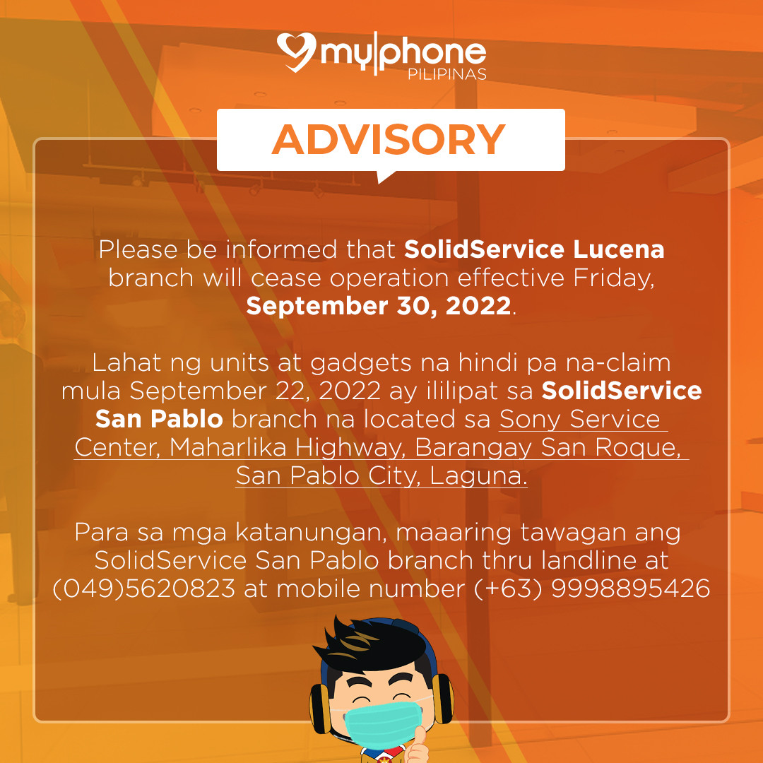 MyPhoneOfficial's tweet photo. 📢 SERVICE CENTER ADVISORY 📢

Ang SolidService Lucena branch ay permanente nang magsasara. Last day of operations ay sa Biyernes, September 30, 2022. Lahat ng unclaimed units ay ililipat sa SolidService San Pablo branch. (1/3) https://t.co/Et1WqEpEpt