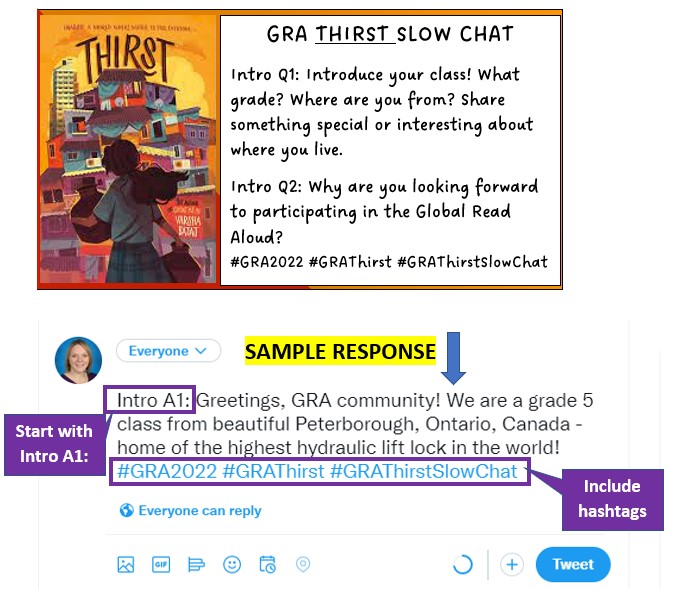 Hey #GRAThirst community! Interested in a #SlowChat? Each week, my grade 5 class will post 3-4 questions about the book. Classes can reply to any/all Qs at their own pace. If you'd like to join us, please introduce your class using the format below! #GRA2022 #GRAThirstSlowChat