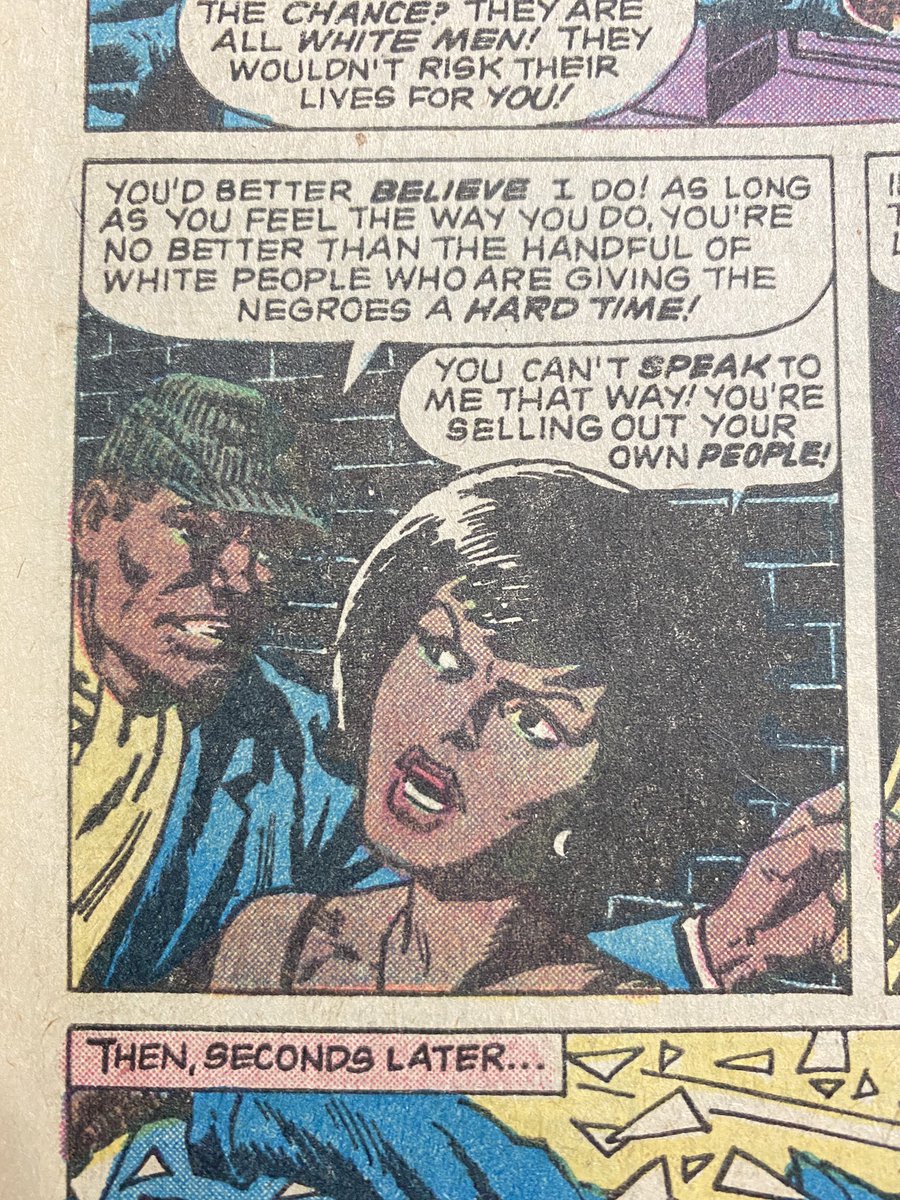 HfxCards's tweet photo. A particularly cringy racial message is attempted in this 1979 reprint. The idea that 1940’s “White America” (or anywhere in the west, for that matter) had only “a few bad apples” with regard to race relations is preposterous at best.

#comicbooks #comicbook #comicbooknerd https://t.co/GY5ob3ql1O