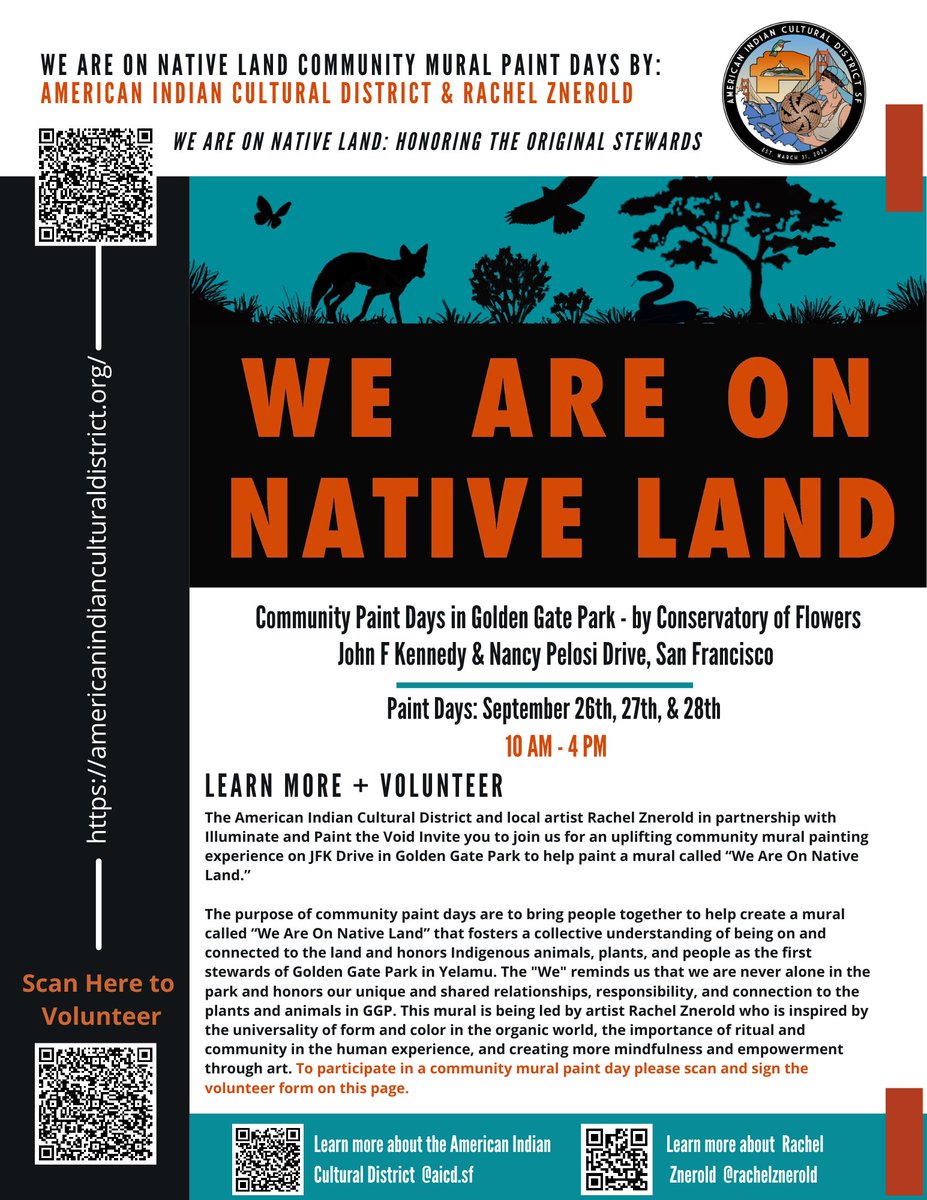 aicdsf's tweet image. Join us this week from 10 am - 4pm in Golden Gate Park to help paint the We Are On Native Land Community Mural. To learn more and sign up visit: bit.ly/3SvOdIm
#IndigenizeSF #AICD