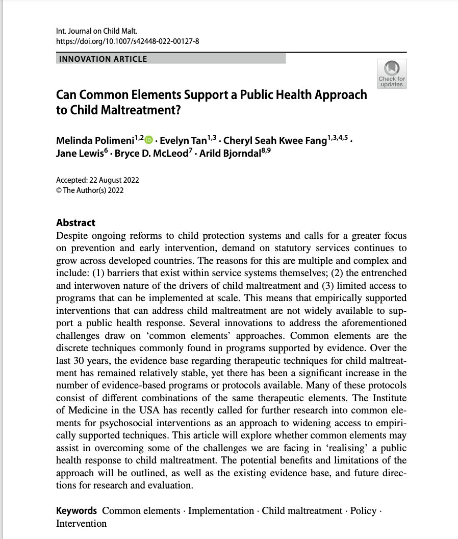CEI_org's tweet photo. #ICYMI CEI published an article with @SpringerNature in the International Journal on Child Maltreatment: Research, Policy and Practice which examines the potential benefits & limitations of #CommonElements & future directions for #Research & #Evaluation: https://t.co/OxwCbtuM59 https://t.co/7lPzSc5dHl
