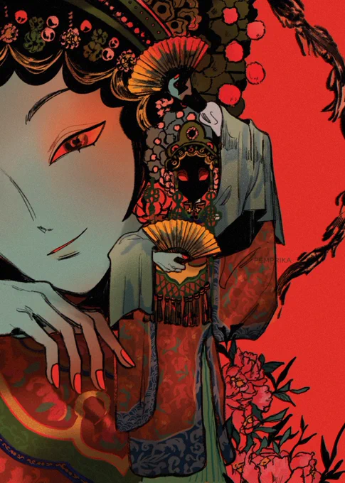 an opera's charm   postcard set for @/andythelemon's demon zine, crimson aura 