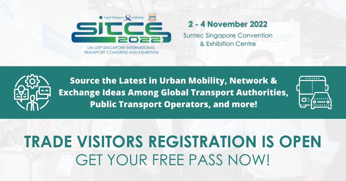 Engage and network with over 4,000 visitors and delegates from the urban mobility sector at @SITCE22. Access the exhibition area for free when you register for a trade visitor pass! Register now at: sitce.org #SITCE22 #publictransport #urbanmobility #LTAsg #uitp