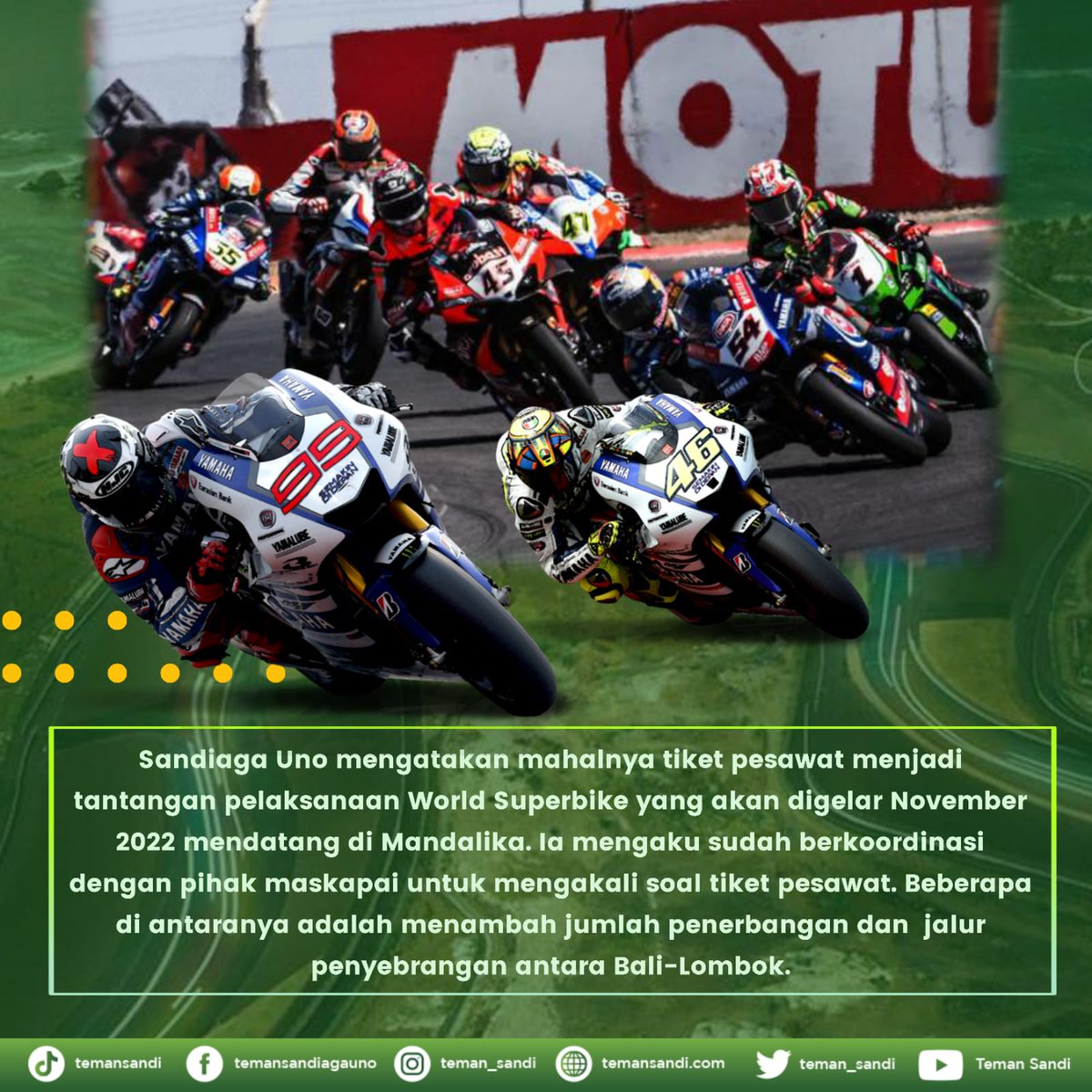 Saha_Eta18's tweet photo. Sandiaga Uno mengatakan mahalnya tiket pesawat menjadi tantangan pelaksanaan World Superbike yang akan digelar November 2022 mendatang di Mandalika. Ia mengaku sudah berkoordinasi dengan pihak maskapai untuk mengakali soal tiket pesawat. 
#Temansandi #SUGA #BANNEDMACIMA https://t.co/VxYtlB1nD6