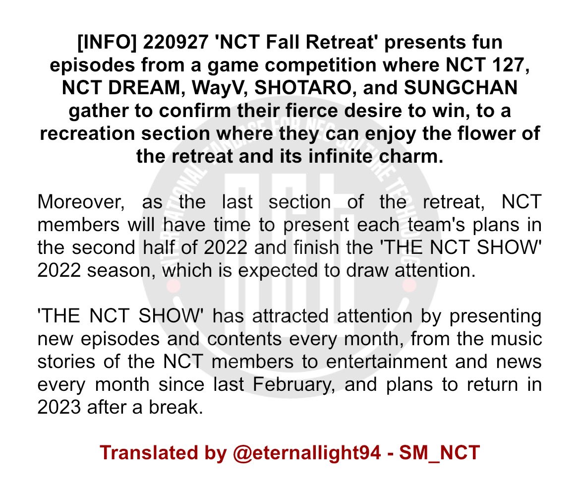 SM_NCT's tweet photo. [INFO] 220927 'NCT Fall Retreat' presents fun episodes, from a game competition to a recreation section. 'THE NCT SHOW' plans to return in 2023 after a break.

#NCT #NCTU #NCT127 #NCTDREAM #WayV
Translated by @eternallight94 - SM_NCT
https://t.co/oEY6xtIloV https://t.co/IMJkFyldCA