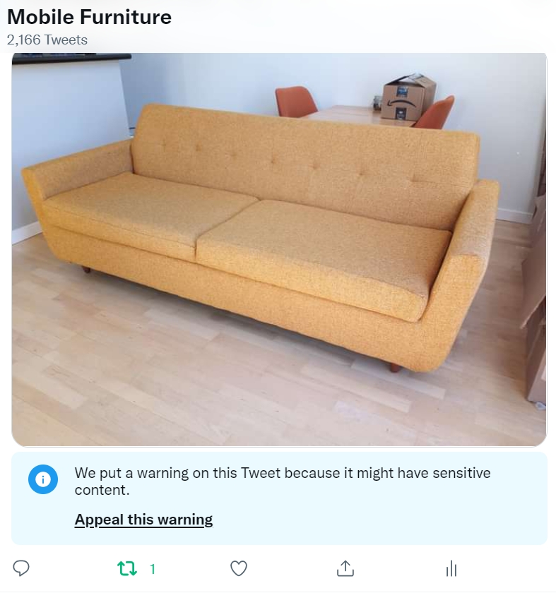 mobfurSF's tweet photo. @RebeccaW @paraga @TwitterUK @nedsegal Twitter has never seen a couch before.  All my photos are labeled with this sensitive content BS and are hidden.  Why is this happening to my small business? https://t.co/EzQspU6OZs