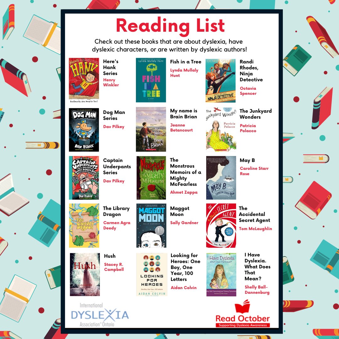 IDA_Ontario's tweet photo. #ReadOctober is almost here! What are you reading?
📚For #dyslexiaawarenessmonth we've created a list of books by dyslexic authors, books with dyslexic characters &amp; books about dyslexia. 
📖Happy reading!
https://t.co/WNPfXr1Xvj https://t.co/hb0Q7ANCX4