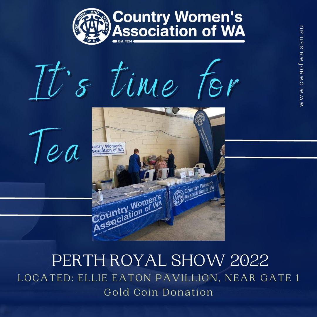 What an amazing start to the 2022 Perth Royal Show!

Come along to our Time for Tea Stand to get yourself a hot cuppa and a handmade biscuit for a gold coin donation 🙌💙
#cwaofwa #perthroyalshow2022