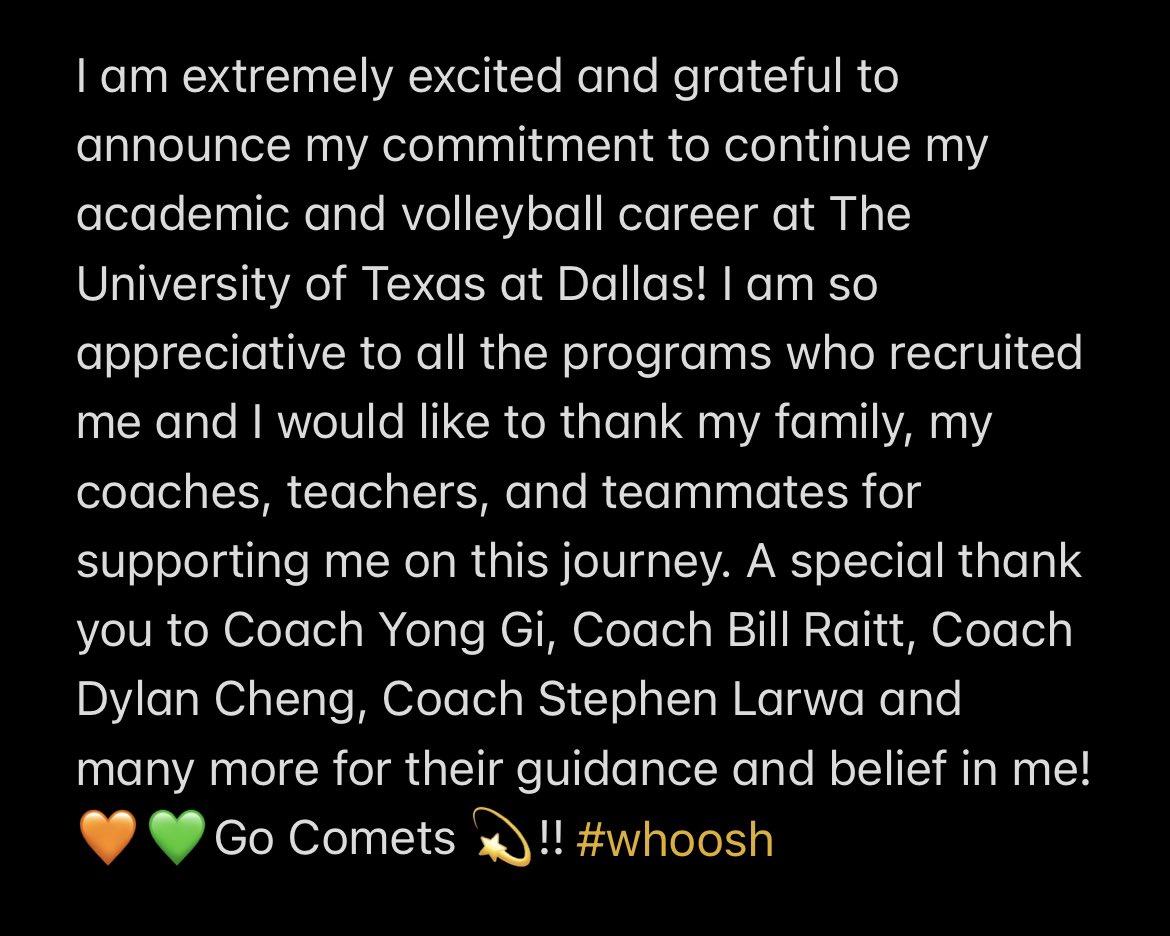 sydney_sabin's tweet photo. Committed 💫🧡💚 #whoosh 
@UTDallasVB @ihs_vb @1UnitedVBC @Gosset41 @DevinHasson @PrepDigTX @MWelchSLM @ihsknightnews https://t.co/rGxO5VMgk9