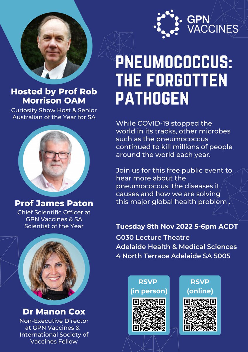 Join us for this free public event to hear more about the pneumococcus, the diseases it causes &amp; how we are solving this global health problem. Hosted by award-winning author, scientist &amp; TV personality Rob Morrison, this is an event not to be missed!

#adelaide #biotech #scicomm