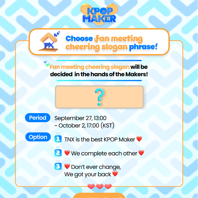 mnetplus's tweet photo. [#KPOP_Maker] Cheering slogan contest 🥳

#TNX cheering slogan will be decided in the hands of the Makers! 💕

Choose slogan✨

👉https://t.co/6ueYFSFYPq

@TNX_Official

#KPOPMaker #MnetPlus #엠넷플러스 https://t.co/LTZYmtJbWi https://t.co/4nErCoWEGQ