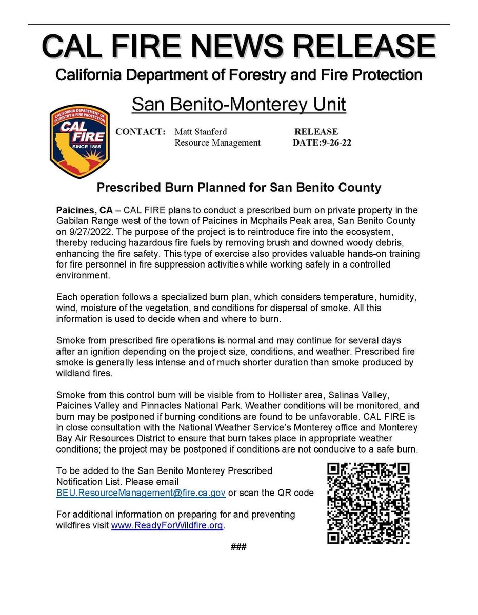 If conditions continue to look favorable, CAL FIRE BEU will conduct a prescribed burn in San Benito County Tuesday, September 27th. Stay tuned for updates!