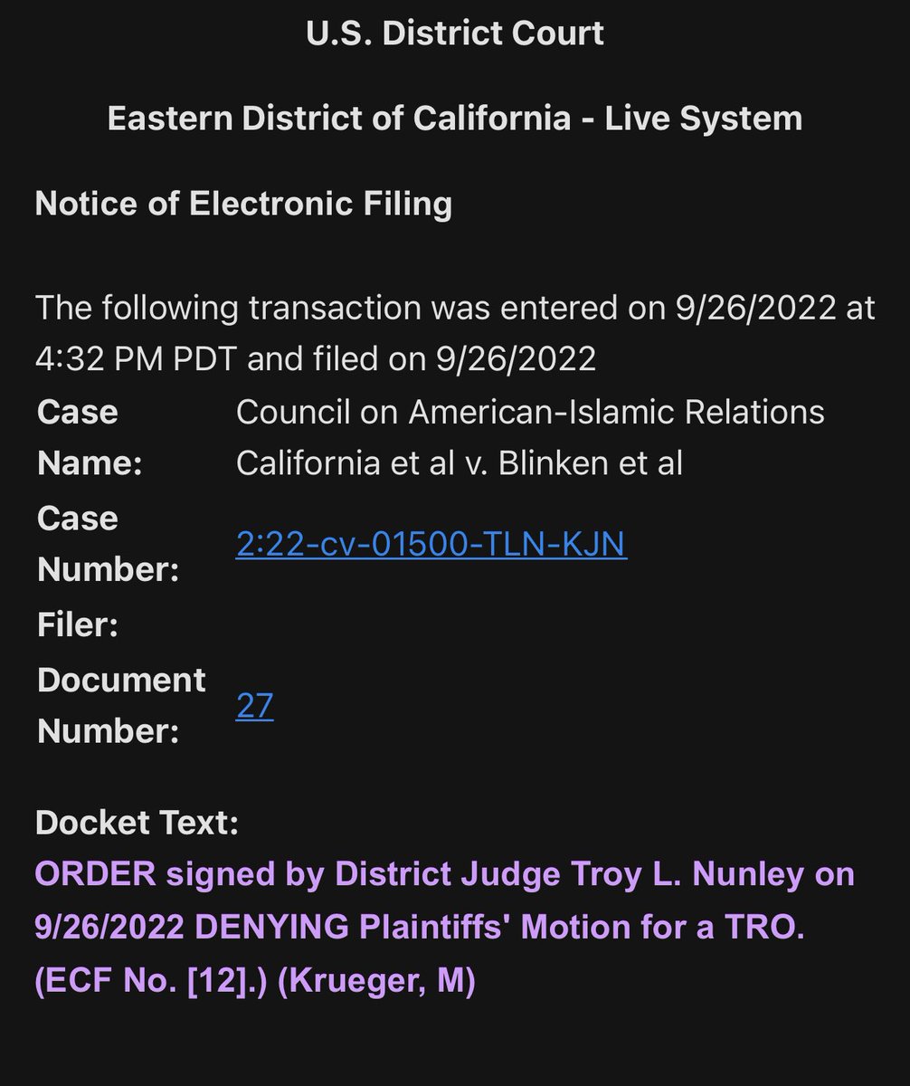 curtismorrison's tweet photo. #CAIRCAvBiden #DV2022 update: the court has issued an order denying our motion for temporary restraining order. Technically difficulties are preventing us from downloading tonight. Will share tomorrow when we can download. https://t.co/Fw428qVL1s