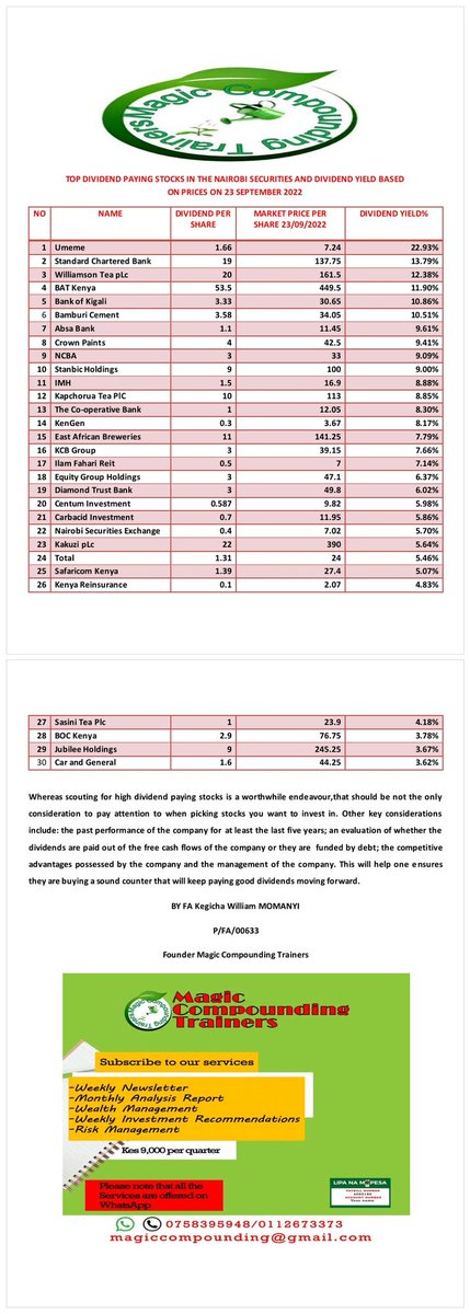 Dividend paying stocks in the Nairobi Securities Exchange for period as at 23 September 2022.