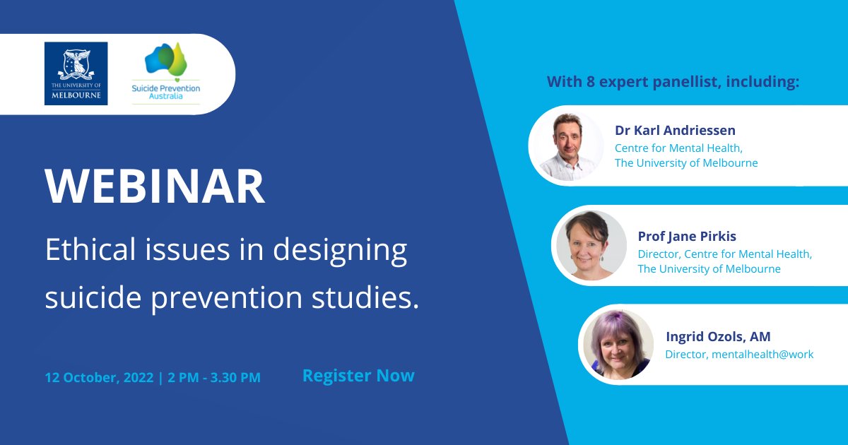 SuicidePrevAU's tweet image. Join us and @UniMelb as we explore the #ethicalissues in designing #suicideprevention studies. 
The #webinar will discuss how recommendations from previous studies can be applied in practice. 

Register here: ow.ly/6Iqg50KTL04