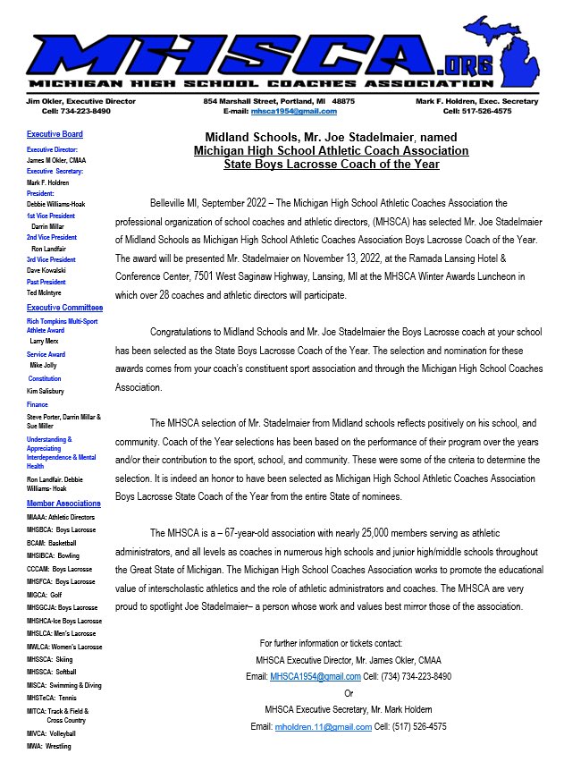 midlandlax's tweet photo. Congrats to Coach Stadelmaier for winning the MHSCA Boys Lacrosse Coach of the Year Award for 2022! #midlandlax https://t.co/LTxc40d0K2
