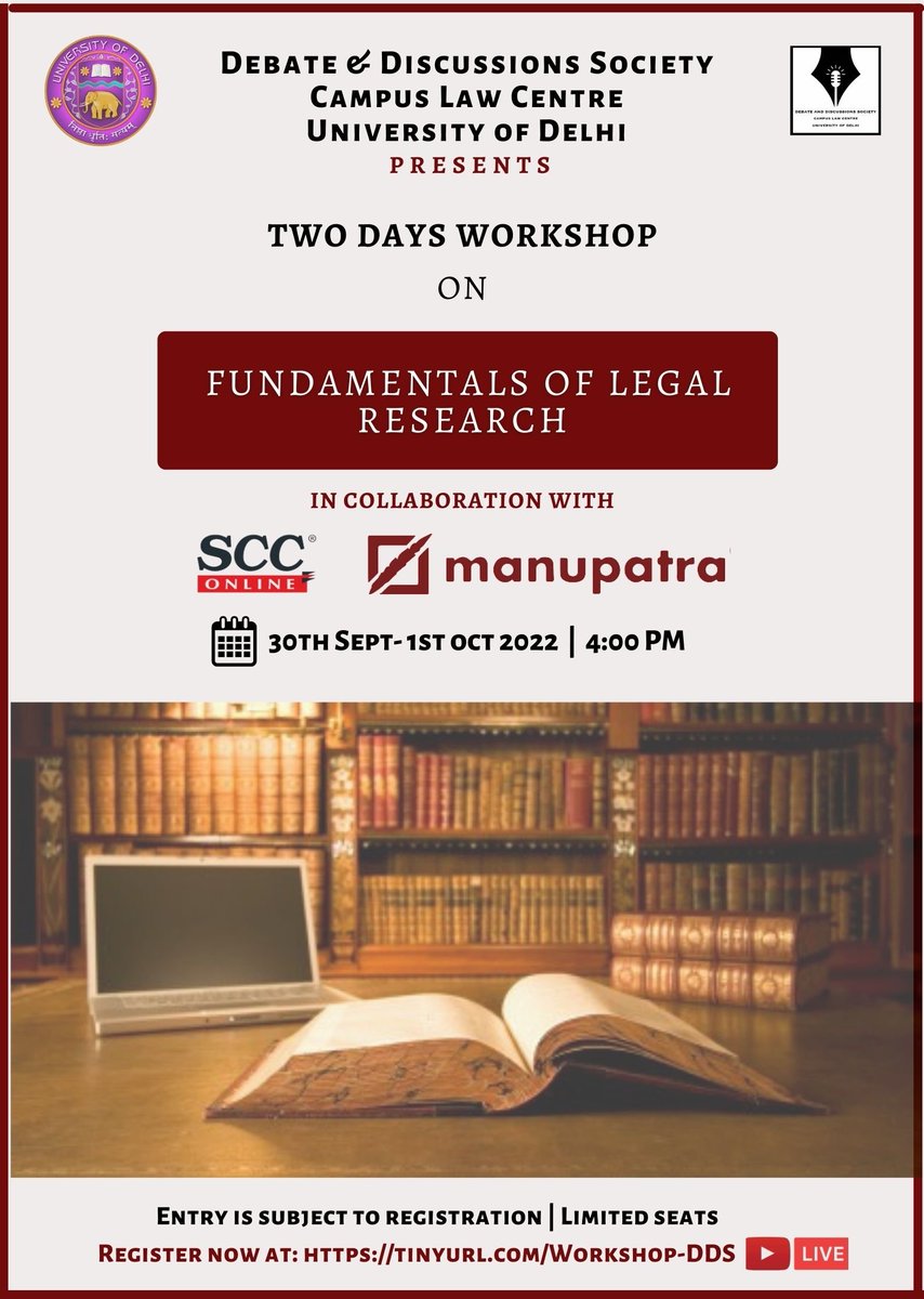 clc_dds's tweet photo. DDS presents a two day workshop on THE FUNDAMENTALS OF #LEGAL #RESEARCH
in collaboration with #SCC Online and #Manupatra.

Date: September 30, 2022 - October 1, 2022
Time: 4:00 - 5:00 PM
Platform: Google Meet
----------    
Registration Link:
https://t.co/fKVor46SD1 https://t.co/hEWLaAWGHc