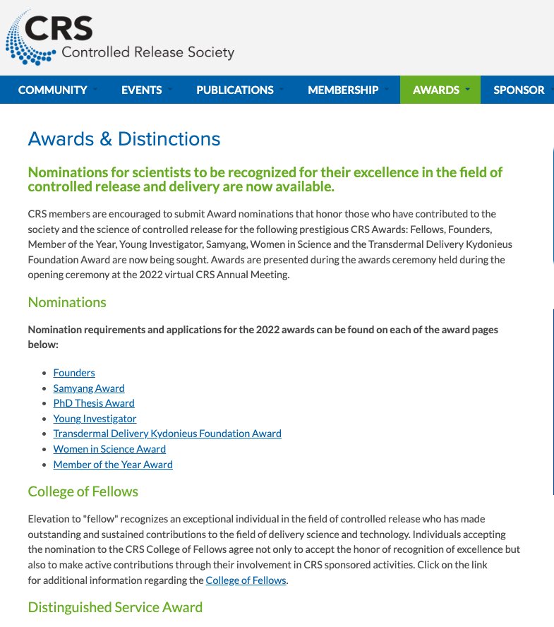 The season of the CRS 2023 @CRSScience Award Nominations is back! Check the webpage ⬇️ for the list of Awards, the required criteria, and past recipients. And remember: No Application, No Award. @CRS_Italia controlledreleasesociety.org/form/2023-crs-…
