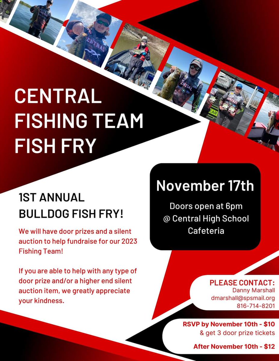 Centralfishdogs's tweet photo. Hey friends! My fishing team is putting on a Fish Fry Nov 17th. We would love to have anyone around Springfield out to Central High that night. We are also looking for door prizes and/or silent auction gifts if anyone would be able to donate. That would greatly be appreciated! https://t.co/fNwwcdn7Xd