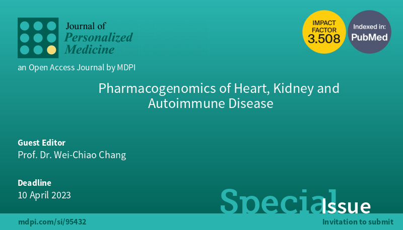 JPM_MDPI's tweet photo. Special Issue: "#Pharmacogenomics of #Heart, #Kidney and #Autoimmune #Disease" is guest edited bi Prof. Dr. Wei-Chiao Chang from Taipei Medical University @TaipeiMedicalU
https://t.co/lJumuWaQvY #mdpijpm via @JPM_MDPI
#immunogenomics #bioinformatics #integrativegenomics https://t.co/a4i3ftNhuO