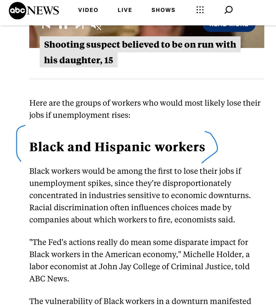 Ashannoweria's tweet photo. abcNEWS reporting about black workers losing their jobs first on economic downturn is Such a racist article #racism #black #abcnewsmedia https://t.co/ajU6YzMhYJ