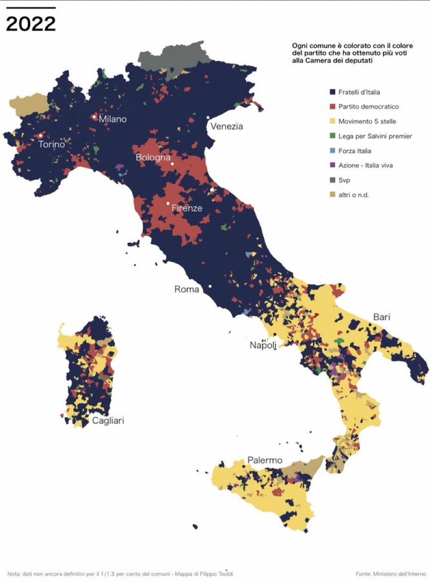 The distribution of the Italian vote

credits @Filippoteoldi #ElezioniPolitiche2022 #elezioni2022