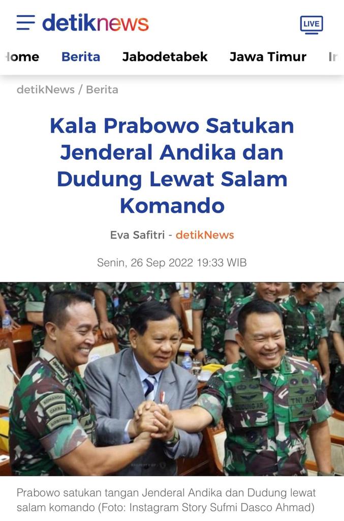 Kala Pak Prabowo satukan Jenderal Andika dan Dudung lewat salam komandan.

<a href="/prabowo/">Prabowo Subianto</a>
Bawa Persatuan
Pertahanan NKRI Kuat