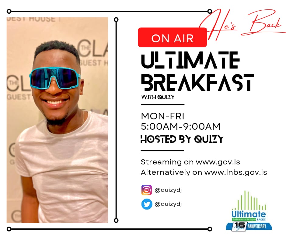 UltimateRadioLS's tweet image. One more sleep to @quizydj birthday, welcome to the best breakfast in Lesotho #UltimateBreakfastWithQuizy. Lesotho Good Morning. 
 
#ThisMorning 
☀️What&apos;s on your mind? 
🌤 We chat #YouthApprenticeshipProgram 
⛅️#SmallTalk 

WhatsApp Quizy on +266 6317 2297