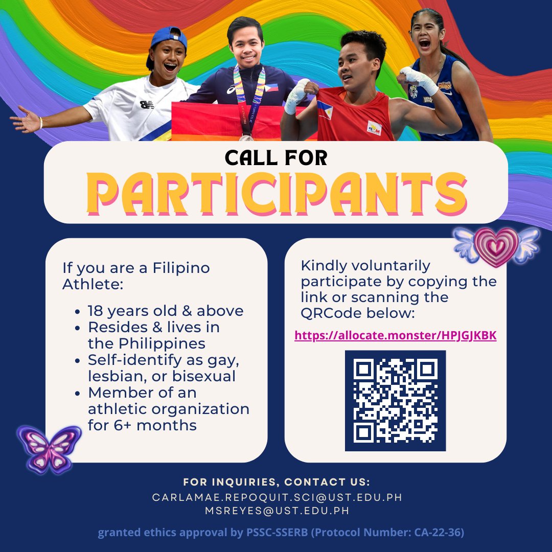 rainbowinsports's tweet photo. CALL FOR LGB ATHLETES!  

We are 4th year BS Psychology students from University of Santo Tomas and currently conducting a study about Filipino LGB Athletes.

Kindly voluntarily participate by clicking the link or scanning the QR code below: https://t.co/7ZekeUvp1k

Thank you! https://t.co/HPg16mpRt0