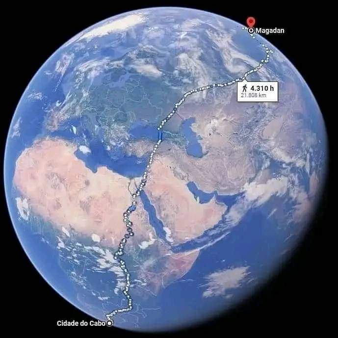 WhatTheFFacts's tweet photo. The longest way in the world on foot without the need to cross the ocean or any other significant barrier is from Cape Town (South Africa) to Magadan (Russia). https://t.co/6k7WkyHOVV
