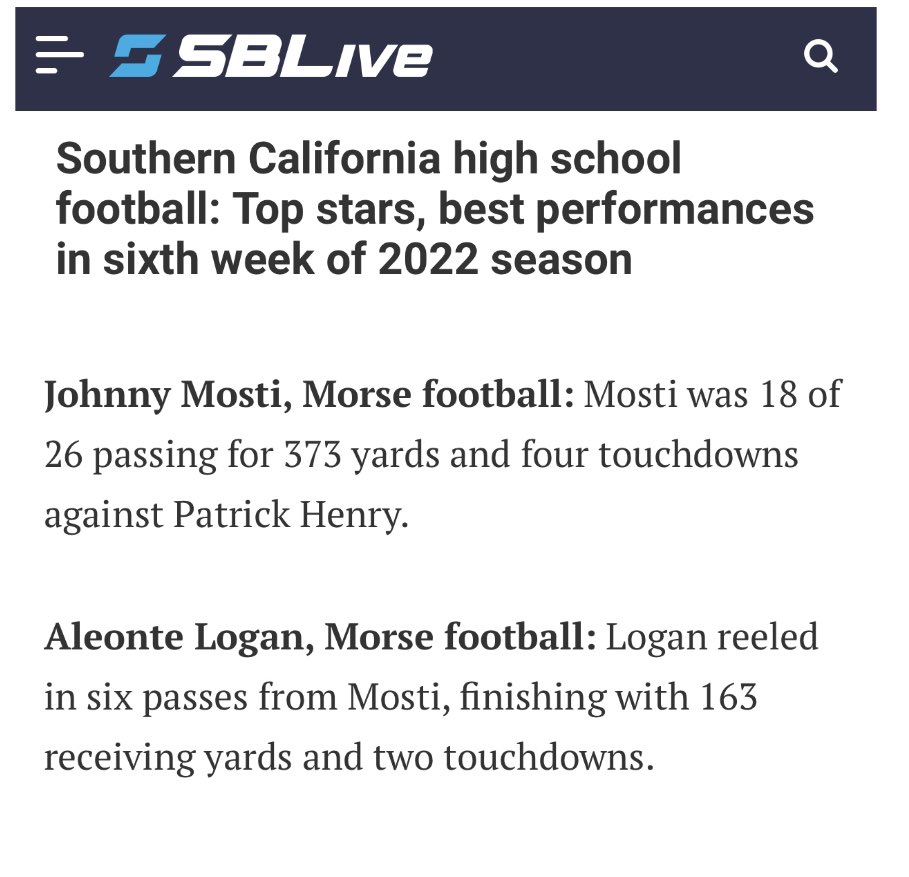 Andrelogan619's tweet photo. Appreciate the love @SBLiveSports 2 of So. Ca best performers last week  @morse_football @AleonteLogan @JohnnyMosti13 It’s a team thing, @dboommin32 @lowk30 run hard &amp; open up pass. @Kantholdjayy ballin at other WR. @TremeirMII killing on D. @Daygofootball @SDFNLMagazine @KUSIPPR https://t.co/hWnBwZZrI3