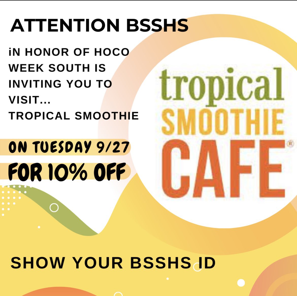 BSSSenate's tweet photo. Go treat yourself to Tropical Smoothie Cafe anytime on Tuesday and get 10% off! #happyhocoweek https://t.co/1EdEJNyp9l