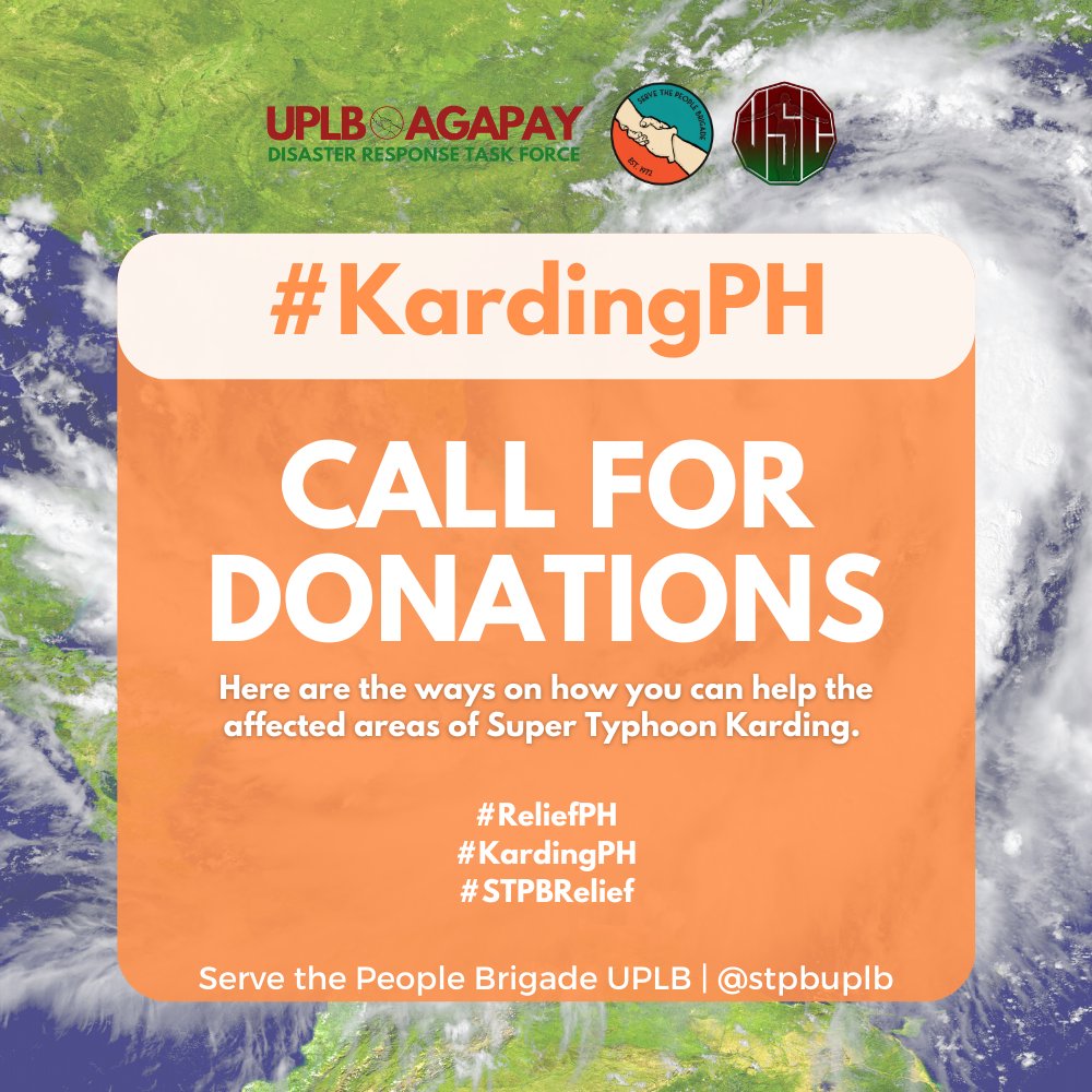 stpbuplb's tweet photo. 🔊 Help us support the communities affected by Supertyphoon #KardingPH
Here is how you can help #UPLBAgapay. 🤝
UPLB's Disaster Response Task Force is calling for donations for the benefit of the communities affected by Supertyphoon #KardingPH https://t.co/wt4ZCik5mX