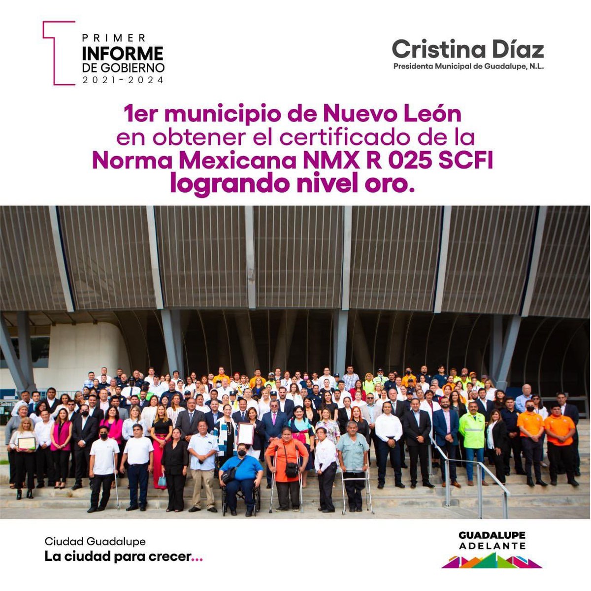 municipiodegpe's tweet photo. #GuadalupeNL, primer municipio de de la entidad en contar con la Norma Mexicana NMX-R-025-SCFI-2015 de Igualdad Laboral y No Discriminación a nivel nacional.

#Laciudadparacrecer 
#1erInforme https://t.co/xH26FnEAEw