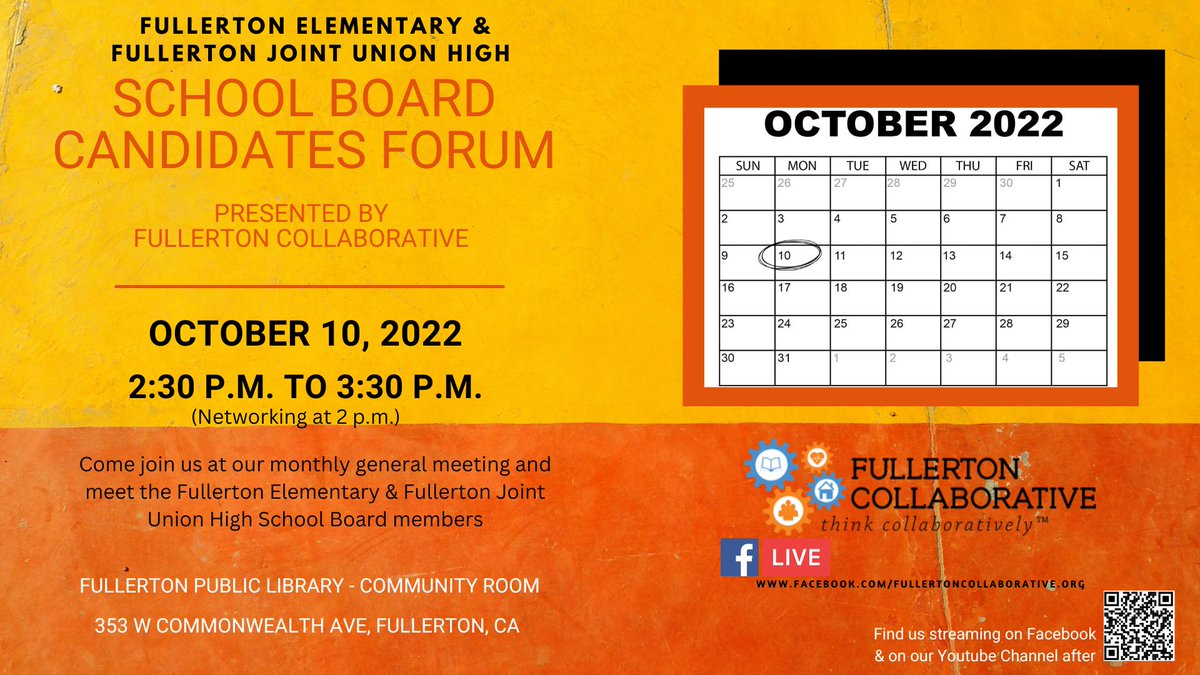 School is in session! Meet the FSD &amp; FJUHSD School Board candidates at our next general meeting October 10 at 2:30 pm <a href="/fullertoncollab/">Fullerton Collaborative</a> #fullertoncollaborative #Candidates2022