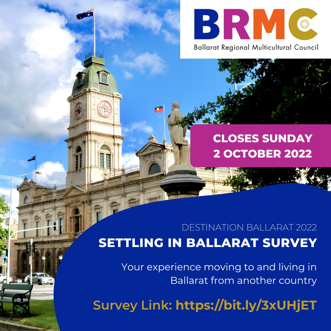 Last week to complete our Settling in Ballarat Survey! We invite people living in Ballarat who are originally from another country to participate in a survey about their experiences.
 
The survey is open until Sunday 2 October and will take 5-10 minutes: surveymonkey.com/r/DestinationB…
