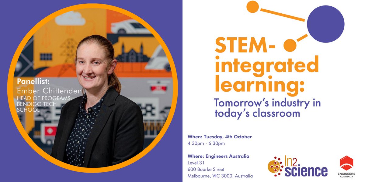 Only one week to go until #In2science's STEM-integrate Learning forum! ✨ 
Meet panellist Ember Chittenden from Bendigo Tech School. Her mission is to inspire both students and educators to change the dynamics of what STEAM-based education looks like! 
eventbrite.com.au/e/stem-integra…