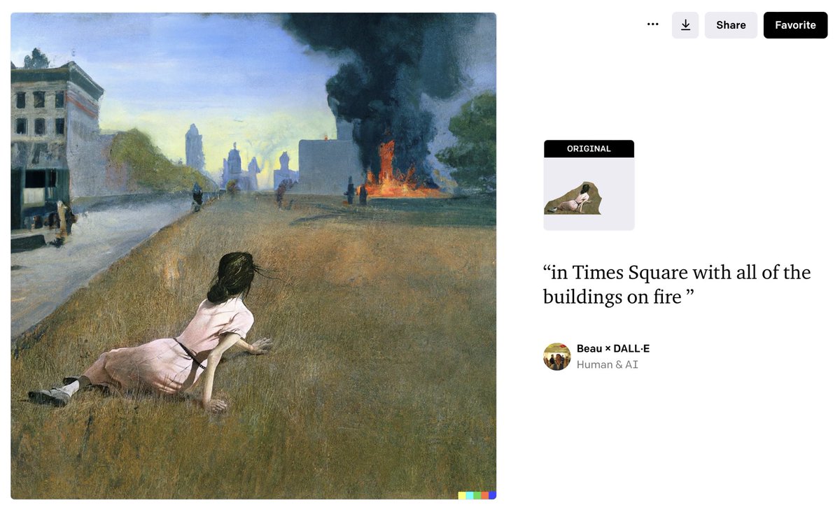 trincia's tweet photo. Now #DALLE allows you to contextually expand an original image with Outpainting. Here’s Wyeth’s “Christina’s World” with “in Times Square with all of the buildings on fire�� #AI #AIart https://t.co/fcQSxJDRlG