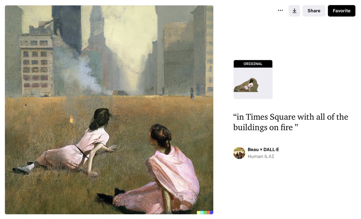 trincia's tweet photo. Now #DALLE allows you to contextually expand an original image with Outpainting. Here’s Wyeth’s “Christina’s World” with “in Times Square with all of the buildings on fire�� #AI #AIart https://t.co/fcQSxJDRlG