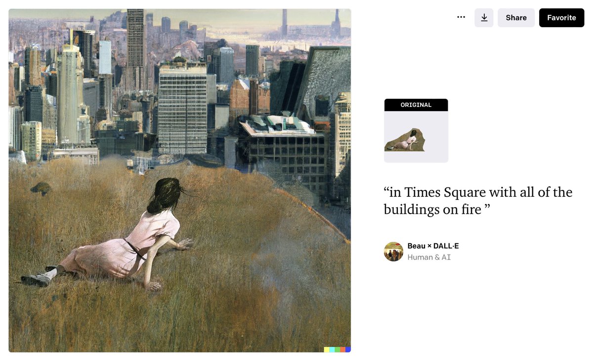 trincia's tweet photo. Now #DALLE allows you to contextually expand an original image with Outpainting. Here’s Wyeth’s “Christina’s World” with “in Times Square with all of the buildings on fire�� #AI #AIart https://t.co/fcQSxJDRlG