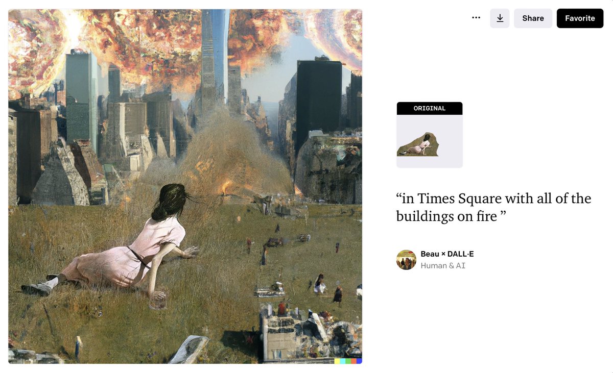 trincia's tweet photo. Now #DALLE allows you to contextually expand an original image with Outpainting. Here’s Wyeth’s “Christina’s World” with “in Times Square with all of the buildings on fire�� #AI #AIart https://t.co/fcQSxJDRlG