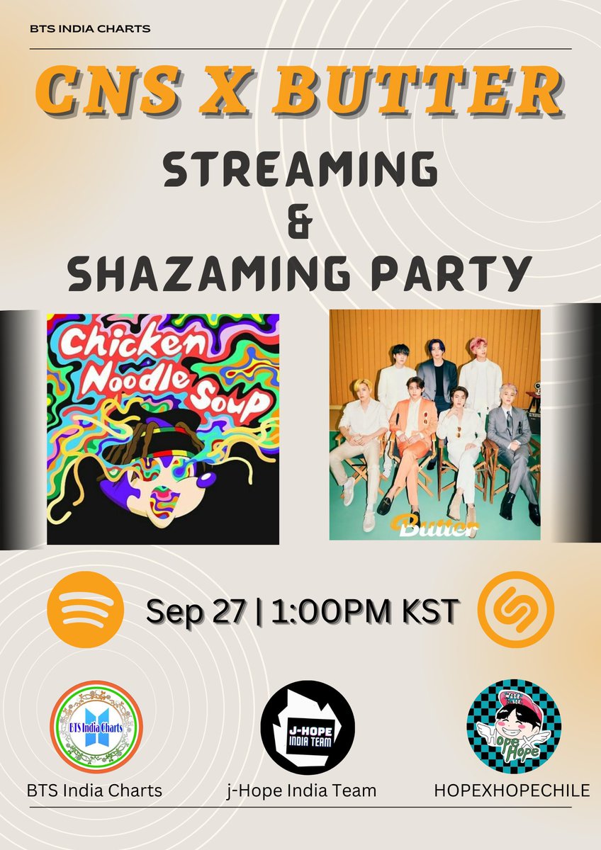 HOPEXHOPECHILE's tweet photo. 🎶CNS X BUTTER STREAMING &amp; SHAZAMING PARTY🎉

⭐Celebremos el 3er Aniversario de Chicken Noodle Soup durante 24 horas con Streams y Shazams

💚https://t.co/jyx2DV9lmb

Comenta tu SS usando:

#3YearsWithCNS
#CNS_JHOPEBECKYG

En colaboración con @jhopeindiateam💜 @BTSpotifyIndia💜 https://t.co/aYK0N9Rnjc